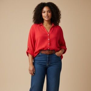 Penningtons Red Cotton Balloon Sleeve Shirt
